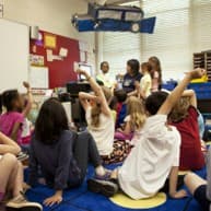 Students raising hands during a classroom discussion